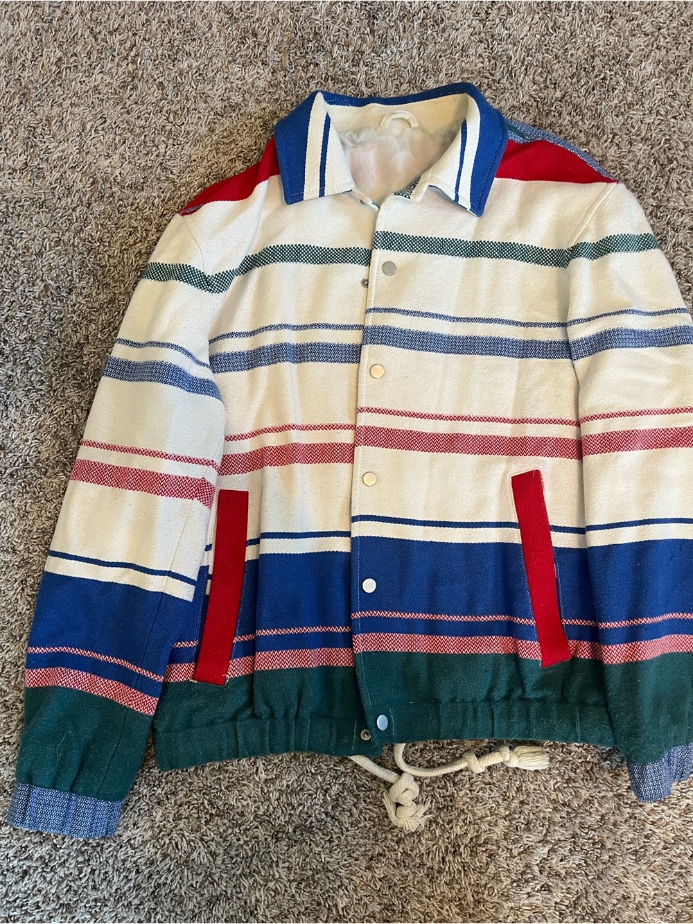 Zara Striped Bomber Jacket in Cream, Blue, Red, Green